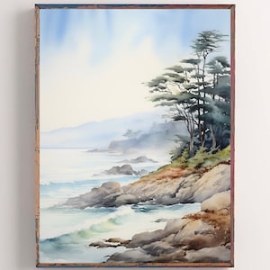 Monterey California Coast Watercolor Art Print California Travel Art Carmel-by-the-Sea Painting Beach Illustration Ocean Landscape Wall Art