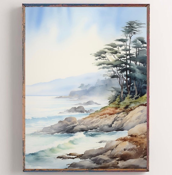 Monterey California Coast Watercolor Art Print California Travel Art Carmel-by-the-Sea Painting Beach Illustration Ocean Landscape Wall Art