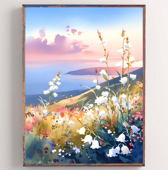 Utah River Watercolor Painting Mountain River Art Print Wildflowers Landscape Print Sunrise Poster Fine Art Print