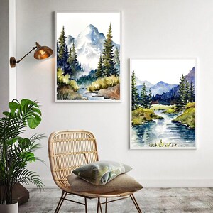Set of 2 Mountain River Prints Watercolor Large Painting Minimalist ...