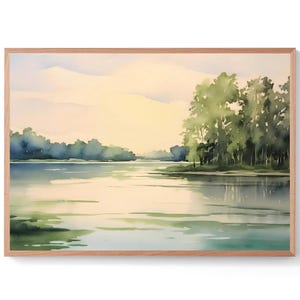 Champlain Lake Print Vermont Watercolor Painting Forest Lake Landscape Panoramic Wall Art Minimalist Art Prints