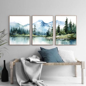 Nature Art Set of 3 Mountain Wall Art Watercolor Landscape Print Set ...