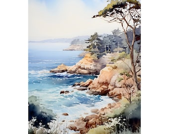 California Coast Painting Lone Cypress Tree Print Watercolor Coastal Wall Art California Landscape Painting Monterey Bay Travel Poster