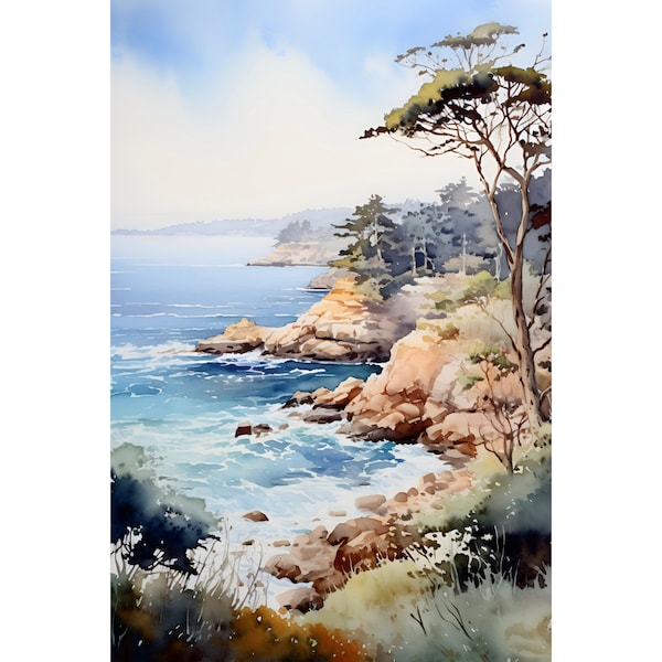 California Coast Painting Lone Cypress Tree Print Watercolor Coastal Wall Art California Landscape Painting Monterey Bay Travel Poster