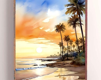 California Wall Art Santa Barbara Watercolor Print Sunset Ocean Art Butterfly Beach Painting Panoramic Palm Tree Decor Beach Travel Gift