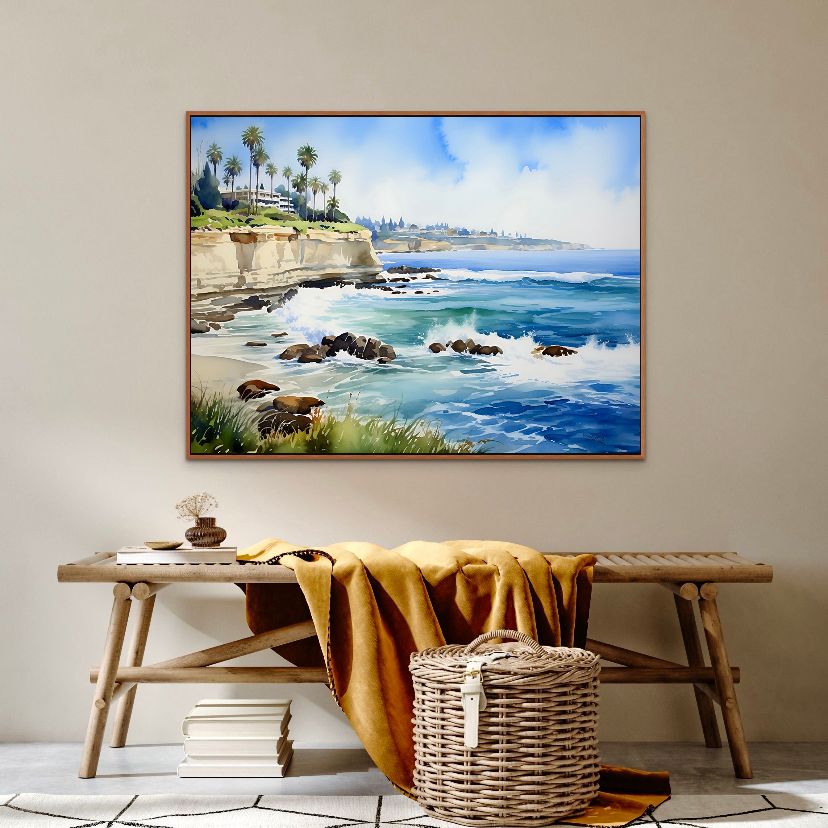 California Coast Art Ocean Watercolor Print Large Panoramic