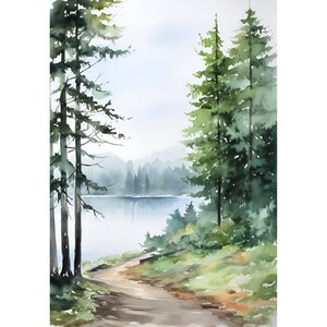 Wood Buffalo National Park Canada Landscape Watercolor Painting Peace River Print Large Minimalist Wall Art Pine Tree Wall Decor