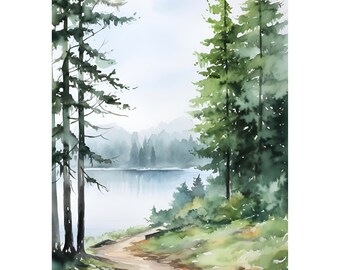 山小屋の絵、森の湖の水彩画、抽象的な風景画、アートプリントの写真