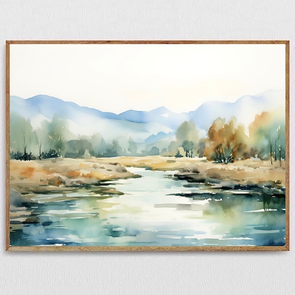 Watercolor Landscape Painting Abstract Art Print Large Panoramic Landscape Blue Green Lake Wall Art Trees Painting Fine Art Prints