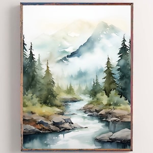 Rocky Mountains National Park Colorado Watercolor Painting Misty Forest Art Print Mountain River Landscape Pine Trees Wall Art