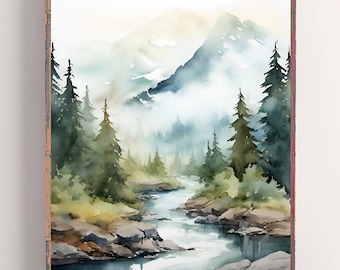 Rocky Mountains National Park Colorado Watercolor Painting Misty Forest Art Print Mountain River Landscape Pine Trees Wall Art