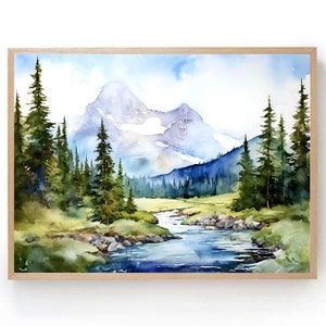Glacier National Park Print Fine Art Watercolor Painting Nature Wall Art Montana Rocky Mountain Pine Forest Poster Large Watercolor Print