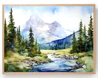 Glacier National Park Print Fine Art Watercolor Painting Nature Wall Art Montana Rocky Mountain Pine Forest Poster Large Watercolor Print