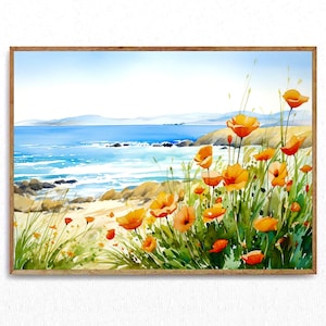 California poppy painting large watercolor landscape big sur seascape california coast art blue yellow print