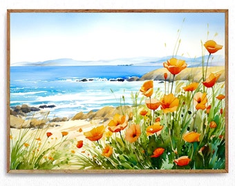 California poppy painting large watercolor landscape big sur seascape california coast art blue yellow print