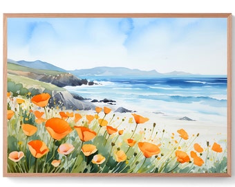 California Poppy Painting Wildflower Watercolor Art Print Botanical Wall Art Floral Landscape Painting Farmhouse Wall Decor