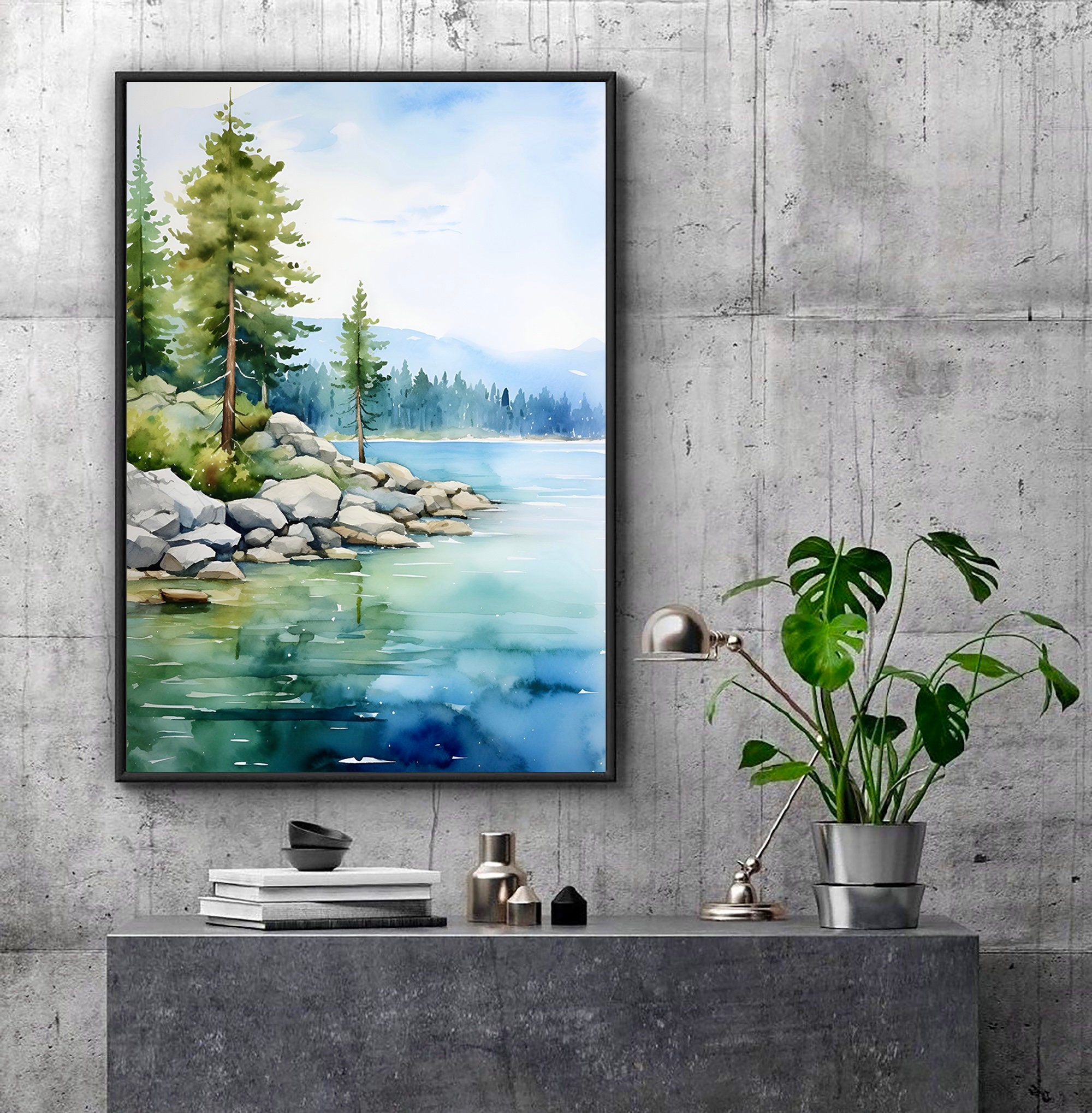Tahoe Lake Art Print Forest Watercolor Painting Minimalist Wall Art ...