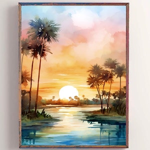 Florida Key West Art Palm Tree Watercolor Painting Sunset Tropical Wall Decor Florida Landscape Print Pink Blue Wall Art