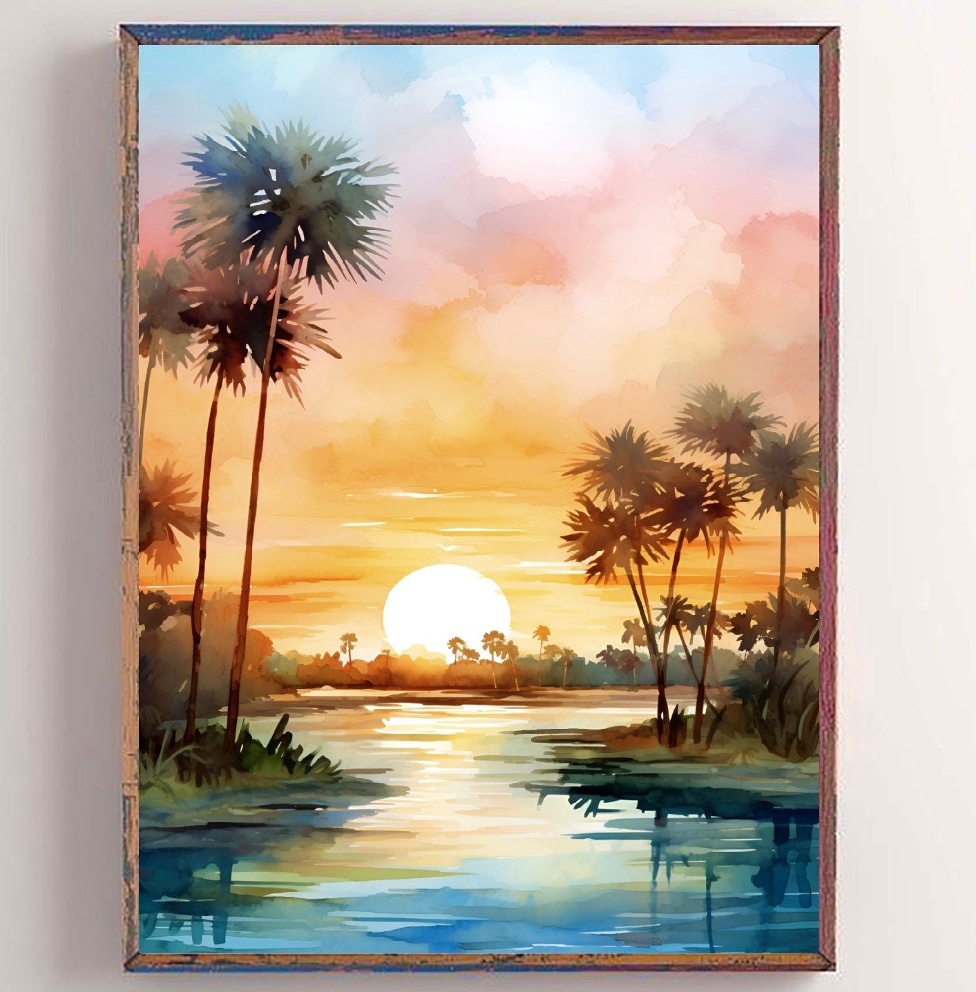 Florida Key West Art Palm Tree Watercolor Painting Sunset Tropical Wall Decor Florida Landscape Print Pink Blue Wall Art