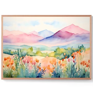 New Mexico Landscape Watercolor Painting Sandia Mountains Wall Art Wildflowers Art Print Mountain Valley Artwork Travel Poster Gift