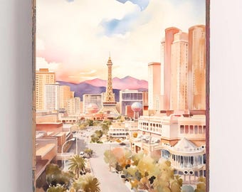 Las Vegas Painting Nevada Watercolor Art Print Street Scene Art Cityscape Print Vertical Wall Art Beige Pink Art Housewarming Gift