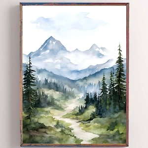 Rocky Mountains Print Montana Watercolor Painting Pine Trees Wall Art Misty Forest Art Print Foggy Mountains Landscape Art
