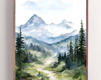 Rocky Mountains Print Montana Watercolor Painting Pine Trees Wall Art Misty Forest Art Print Foggy Mountains Landscape Art