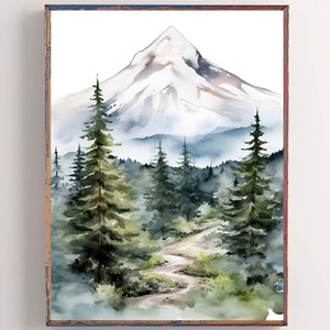 Mount Hood Painting Oregon Watercolor Art Print Mountain Forest Poster Pine Trees Wall Art Misty Mountain Landscape Oregon Travel Gift