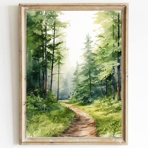 Spring forest path art watercolor painting green nature poster large woodland artwork forest walk wall art housewarming wall decor