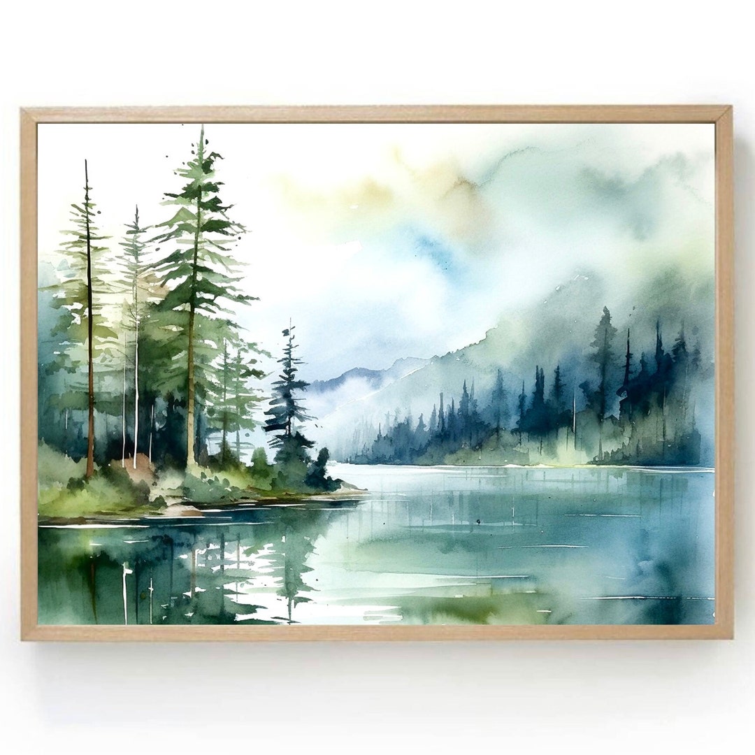 Sunrise Forest Lake Print Blue Green Watercolor Painting Pine Tree Wall ...