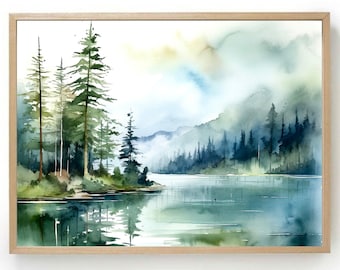 Sunrise forest lake print blue green watercolor painting pine tree wall art foggy forest abstract landscape minimalist art prints