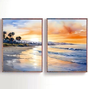 Santa Barbara Beach Set Coastal Watercolor Painting Neutral Beach Prints California Coastal Minimalist Art Modern Beach Decor Ocean Prints