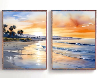 Santa Barbara Beach Set Coastal Watercolor Painting Neutral Beach Prints California Coastal Minimalist Art Modern Beach Decor Ocean Prints