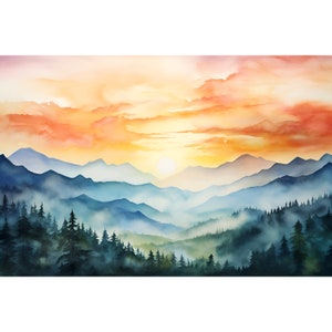 Mount Le Conte Sunrise Painting Smoky Mountains National Park Tennessee Watercolor Art Print Panoramic Landscape Wall Art Pine Forest Print