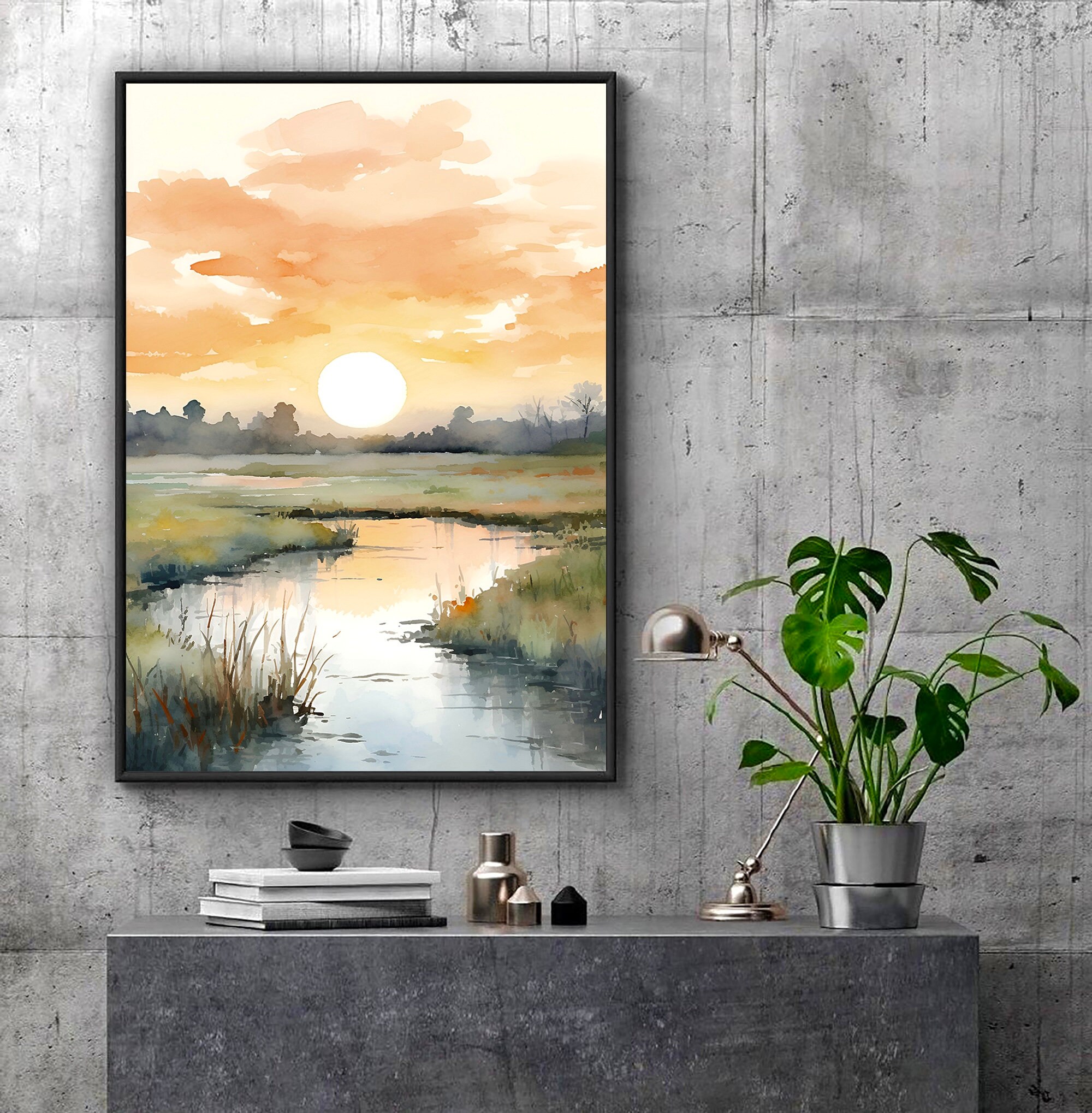 Sunrise Watercolor Print Large Neutral Painting Yellow Green