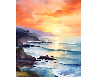 Big Sur California Print Sunset Watercolor Painting Ocean Seaside Print West Coast Beach Art