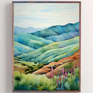 Blue Ridge Mountains Watercolor Virginia Landscape Wildflowers Painting Highlands Artwork Nature Wall Art