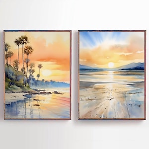Sunrise Beach Landscape Prints Wall Art Abstract Watercolor Paintings Blush Blue Ocean Sunset Sea Set of 2 Posters Beach Santa Barbara