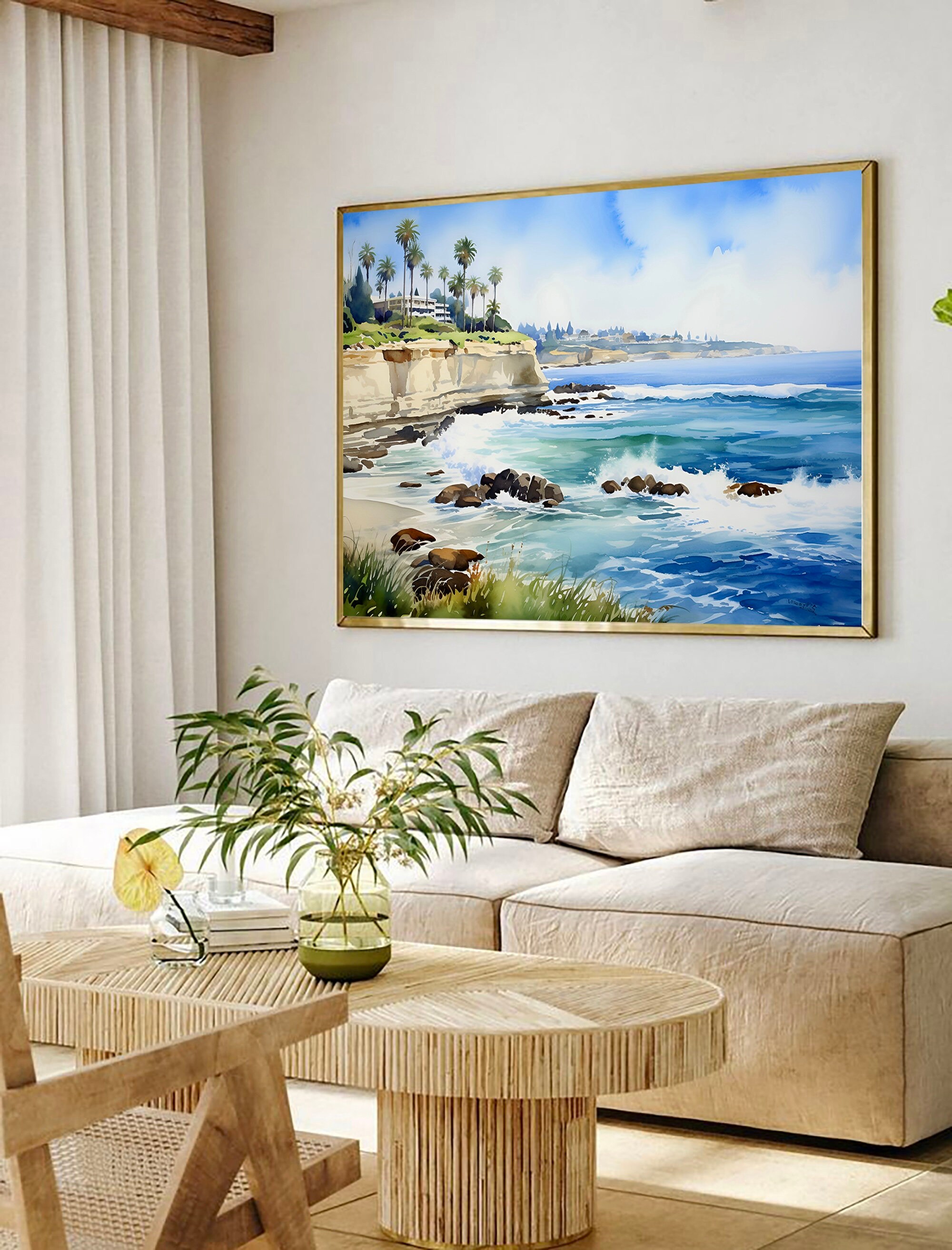 プリントw/フレーム【Colorfornia beautiful ocean】 Oil Painting of Blue Ocean With Gentle Waves, Calming Beach
