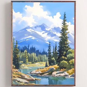 May include: A framed watercolor painting of a mountain landscape with a blue sky, white clouds, and a river winding through a forest of pine trees. The mountains are snow-capped and the river is reflecting the blue sky.