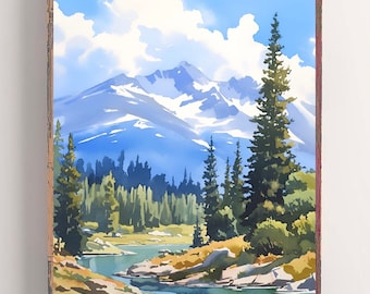 Rocky Mountains National Park Print Colorado Watercolor Painting Mountain Lake Wall Art Nature Wilderness Print Mount Blue Sky Hiking Art