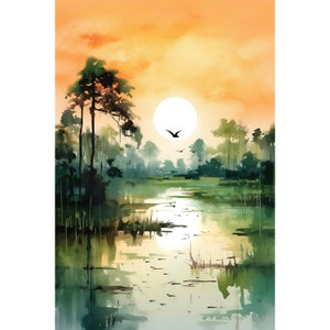 Manchac Swamp Painting Louisiana Watercolor Art New Orleans Print Sunrise Wall Art Green Orange Landscape Artwork Louisiana Wall Decor