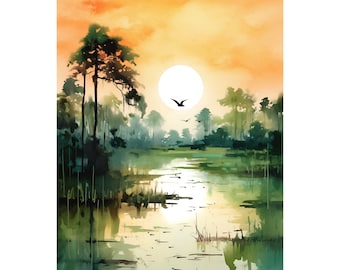 May include: Watercolor painting of a serene landscape featuring a sunset over a marsh. The artwork depicts a large sun, silhouetted birds, and reflections in the water. Trees and foliage are rendered in shades of green and blue, with an orange and yellow sky.