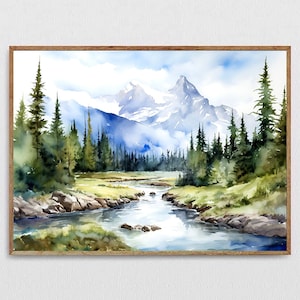 Rocky mountain print fine art watercolor painting nature wall art canadian rockies painting large travel poster mountains lake art