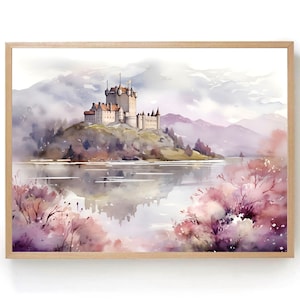 Scottish Castle Painting Scotland Highlands Watercolor Art Print Scottish Landscape Panoramic Wall Art Mountain Lake Print Minimalist Art
