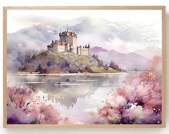 Scottish Castle Painting Scotland Highlands Watercolor Art Print Landscape Wall Art