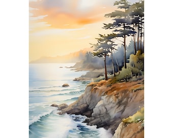 Lone Cypress Monterey Beach California Coast Wall Art Ocean Watercolor Painting Pebble Beach Poster California Travel Print Monterey Bay Art