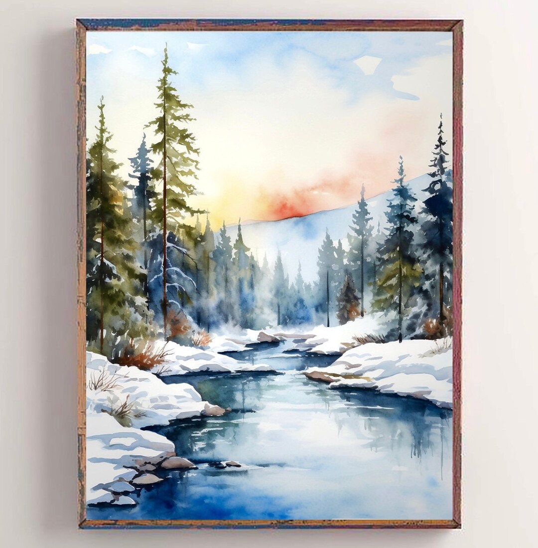 Norway Watercolor Print Mountain River Landscape Pine Tree Painting ...