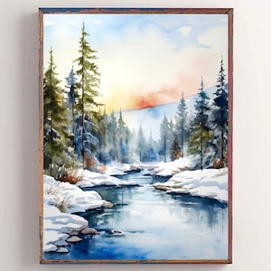 Norway watercolor print mountain river landscape pine tree painting neutral light blue green wall art norwegian travel poster