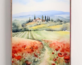 Tuscany Poppy Print Italy Watercolor Painting Italian Landscape Art Poppies Field Floral Wall Art Calming Travel Poster